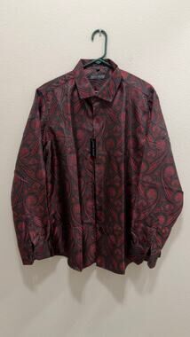 Barry.Wang Men's Luxury Paisley Silk Button Down Shirt Burgundy Black L NWT
